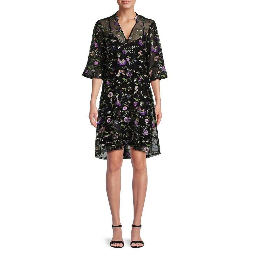 Kensie Sheer Black Floral Embroidered A-Line V-Neck Mini Dress Womens Size 4